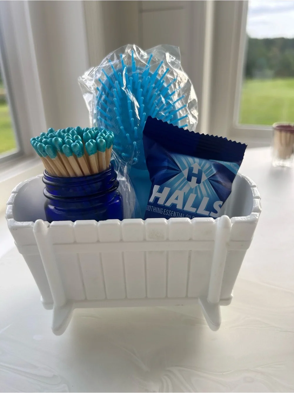 Restyle vintage milk glass bassinet planter cobalt blue storage matches gift set